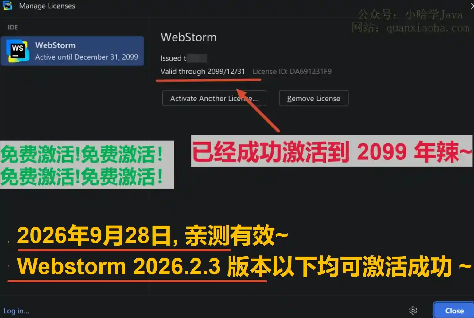 Webstorm 2026.2.3 版本成功激活到 2099 年截图