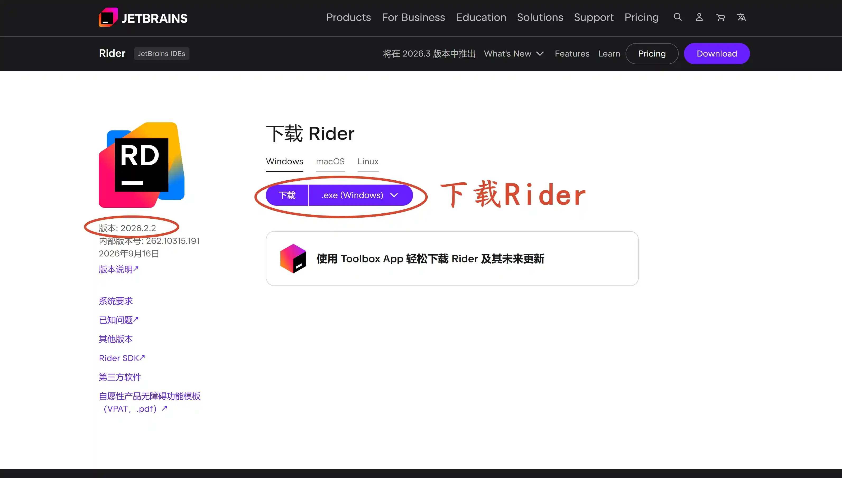 下载 Rider 2026.2.2 版本安装包