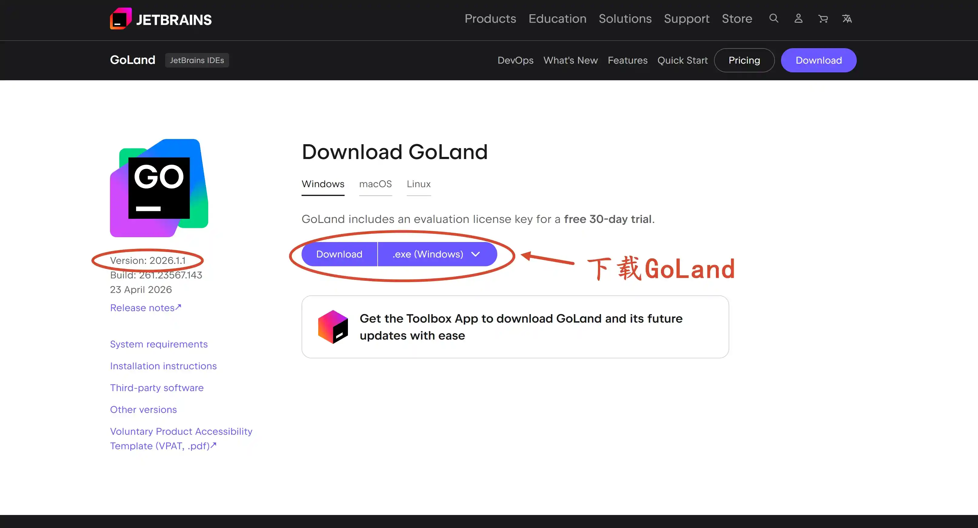 下载 GoLand 2026.1.1 版本安装包